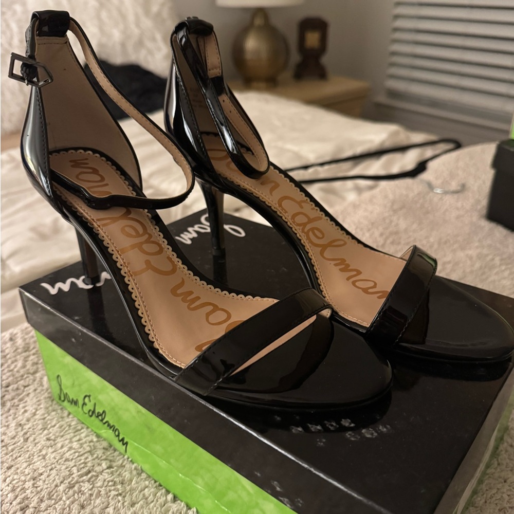 Sam Edelman Patti Black Patent Ankle-Strap Heeled Sandals